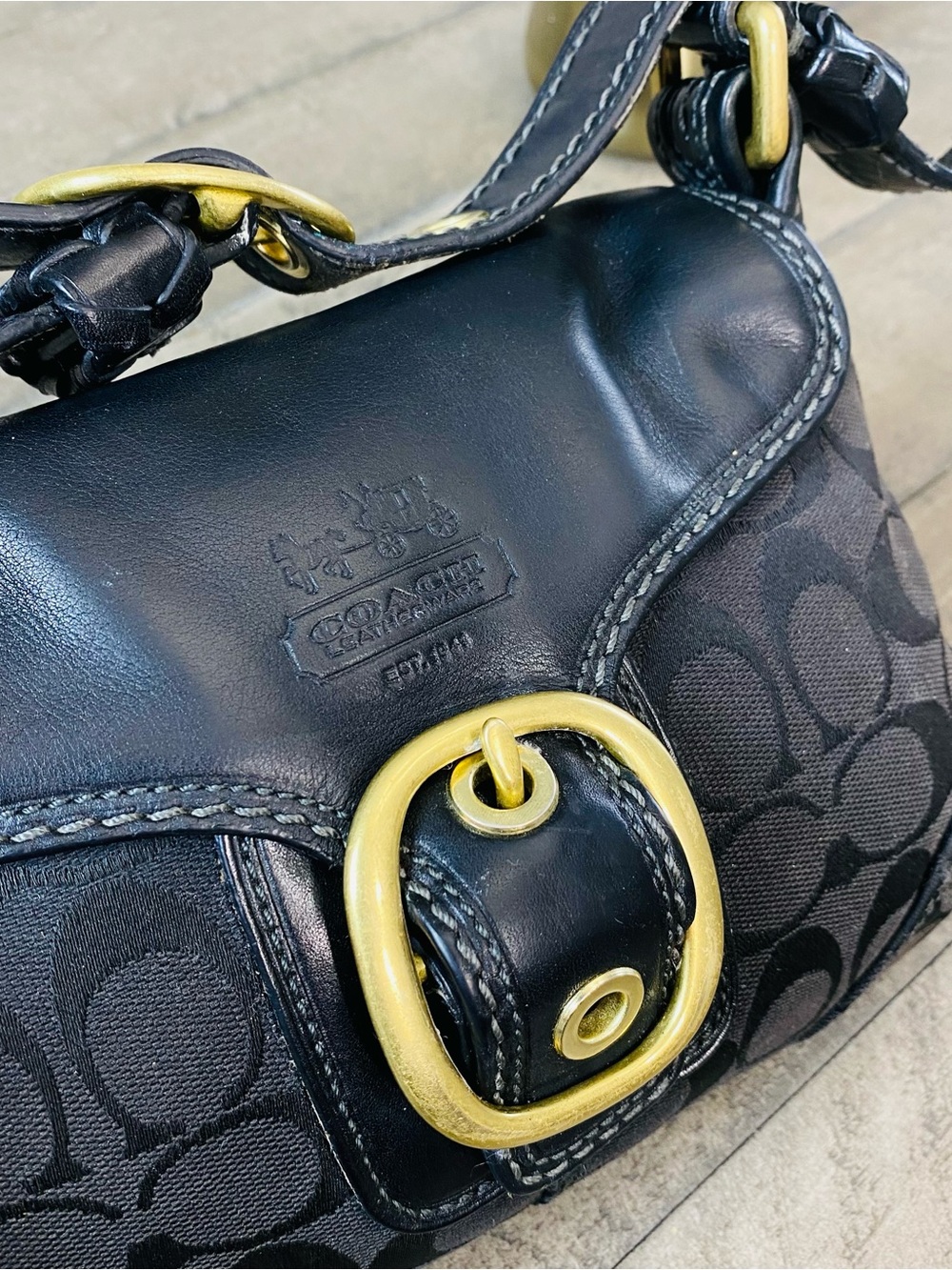COACH Y2K Vintage Bleecker Signature Small Flap Hobo Bag 11441 Black Brass - Picture 8 of 12